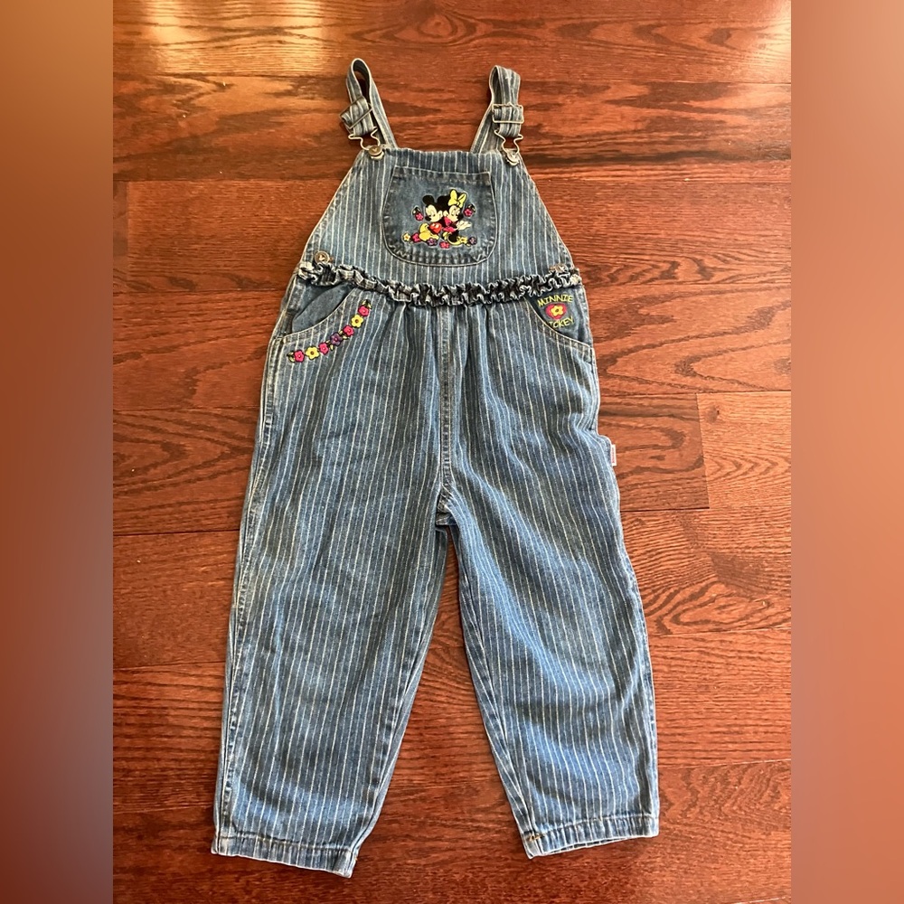 Vintage Minnie Mouse Denim Overalls Girls Ruffled Striped Size 4T